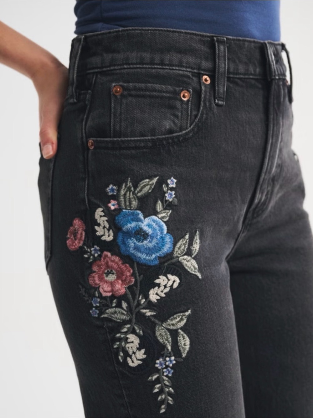 Abercrombie & Fitch Black Wide-Leg Jeans with Blue & Pink Floral Embroidery